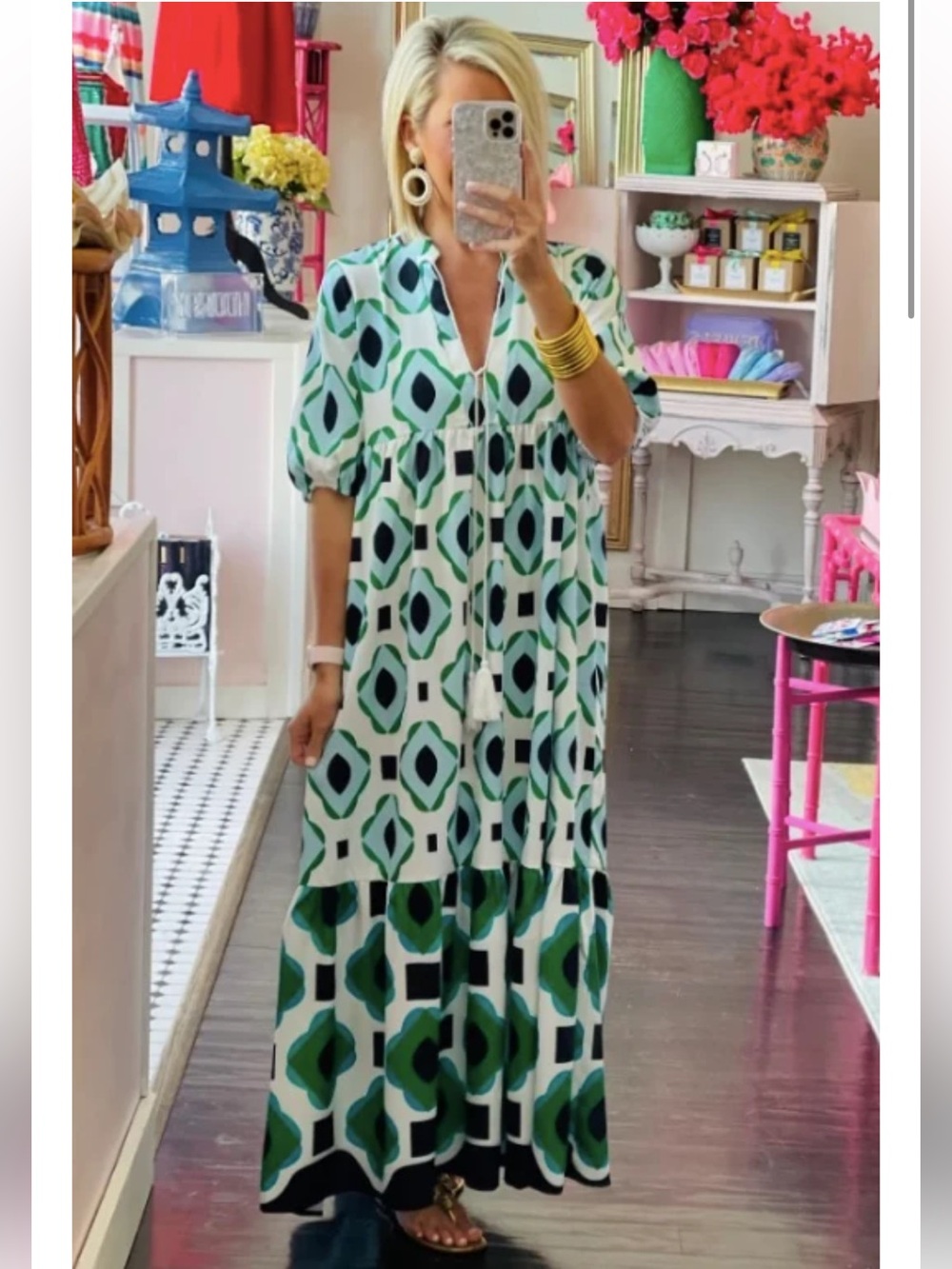Collection by Cezele  Lucía Green & Blue Printed Dress size small NWT